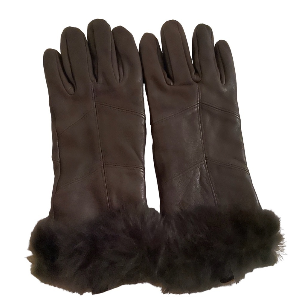 Leather and Fur Trimmed Gloves Small Dark Brown Winter